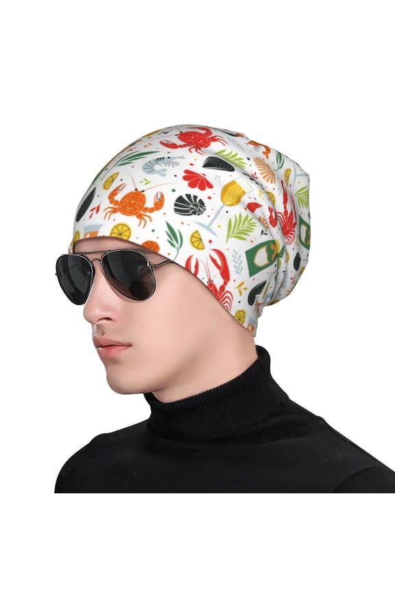 Crabs Shrimps Print Beanie Knitted Hat for Men Women, Winter Fashion Knit Cuffed Caps Unisex