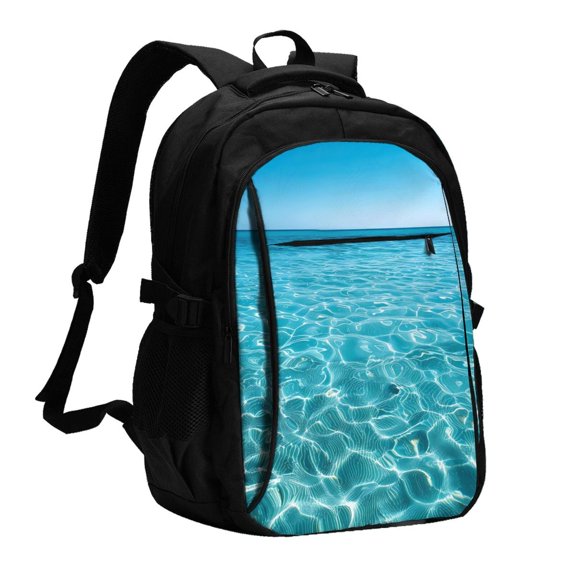 Xecao Crystal Clear Ocean Waves for Travel Laptop Backpack, USB-Charging-Enabled, Spacious Business Backpack for Men and Women,College School Computer Bag