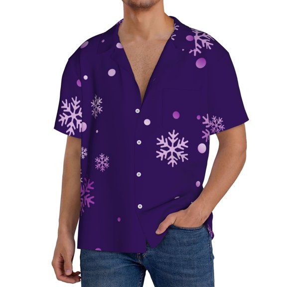 Xecao Crystal Purple Snowflake Men's Casual Short-sleeved Shirt, a button-up collared shirt with a pocket-Medium