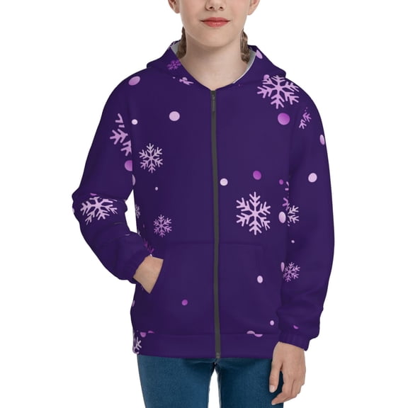 Xecao Crystal Purple Snowflake Pattern Zip Up Hoodies for Boys Girls, Sweatshirt with Pockets-Small