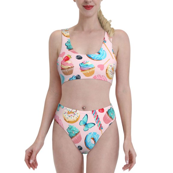 Xecao Cupcakes and Donuts for Two-Piece Swimsuit for Women - a sporty, high-waisted bathing suit perfect for the beach, parties, or surfing adventures