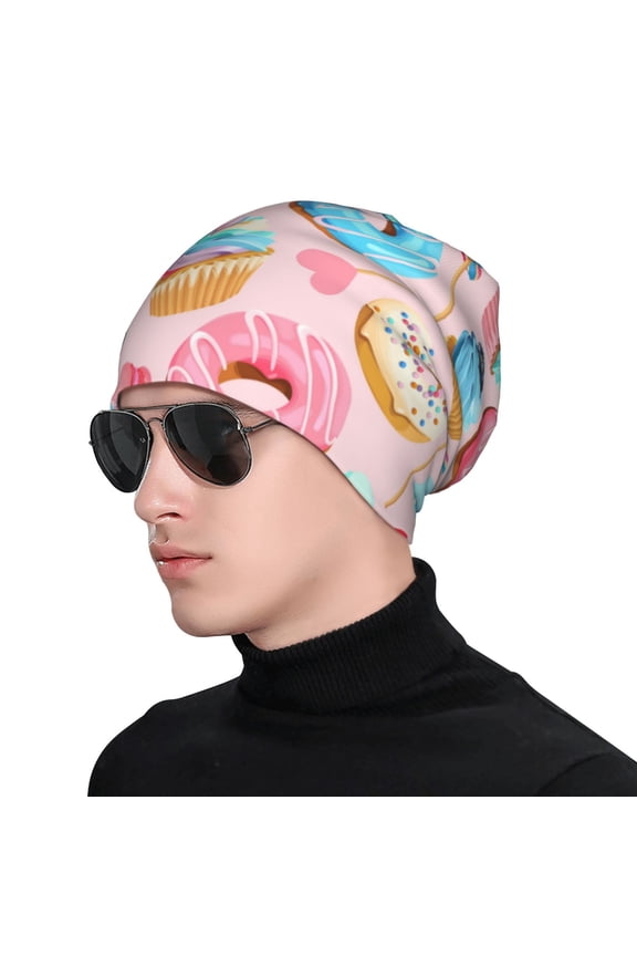 Cupcakes and Donuts Print Beanie Knitted Hat for Men Women, Winter Fashion Knit Cuffed Caps Unisex