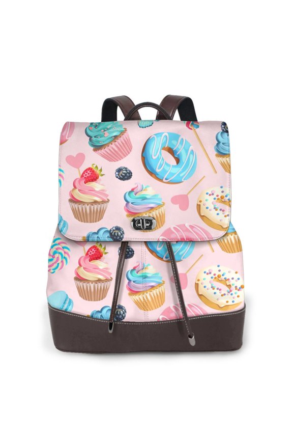 Cupcakes and Donuts Print Large Backpack Soft Leather for Women Travel with Compartment, Adjustable Convertible Strap