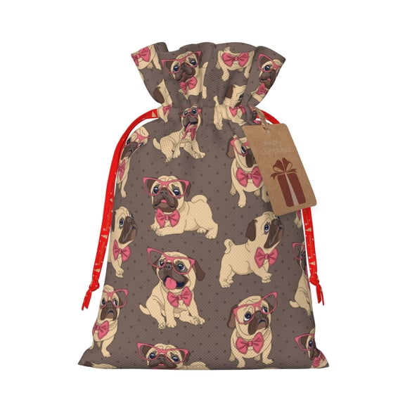 Xecao Cut Pug Print Burlap Gift Bags with Drawstring and Gift Tags, Gift Bags, Burlap Bags, Jute Bags for Party, Christmas, DIY Craft Bags-Small