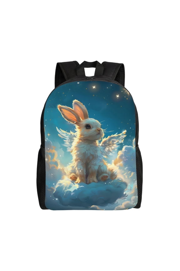 Cute Angel Winged Rabbit Print School Backpack with Laptop Compartment Small Travel Laptop Backpack for Women Men Waterproof College Backpack Simple School Bag