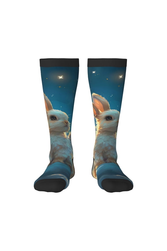 Cute Angel Winged Rabbit print thigh-high socks, crafted for both men and women with a stretchy, high-opaque design perfect for daily wear