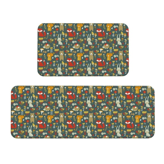 Xecao Cute Animal Forest Patten Kitchen Rugs and Mats Sets,2 Pieces Non-Slip Washable Rugs, Kitchen Mat for Floor,Suit for Kitchen Decor and Accessories