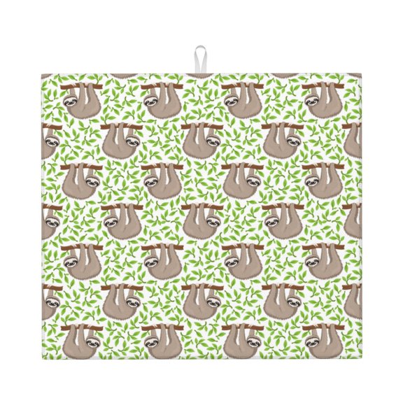 Xecao Cute Animal Sloth On A Branch Print Dish Drying Mat for Kitchen Counter,Absorbent Coffee Bar Mat, Dish Drainer Rack Mats,Dining Room Decoration