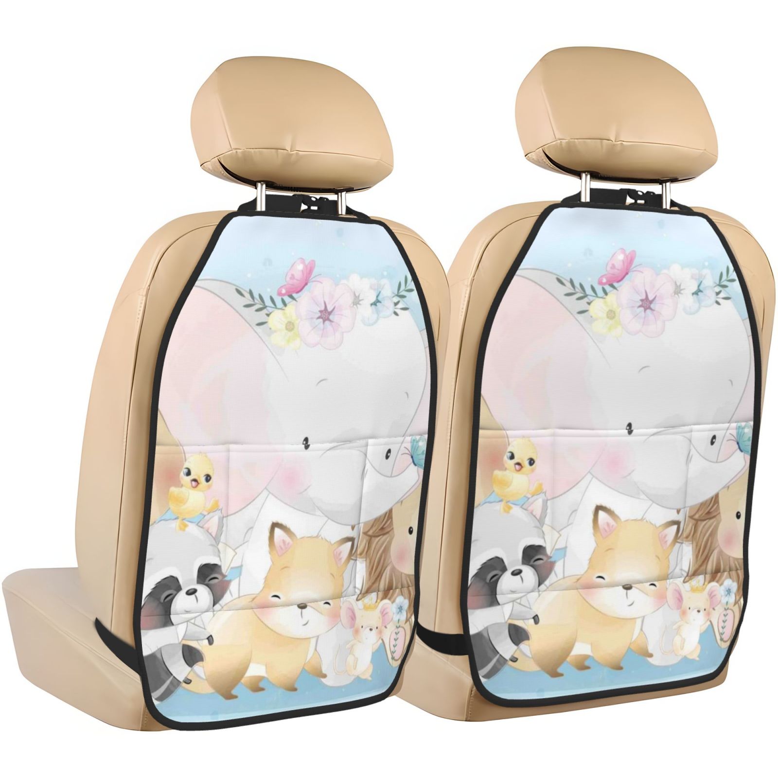 Xecao Cute Animals Pattern Car Seat Back Protector 2 Pack Large Capacity Pocket, Kick Mats Back Seat Protector