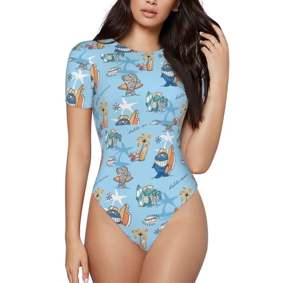 Xecao Cute Animals Surfers Pattern Women's Crew Neck Body Suit, Short-Sleeved Bodysuit and Basic Swimsuit,Both Comfort and Style for Dating and Daily life -Medium