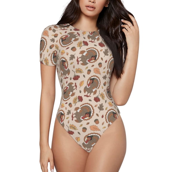 Xecao Cute Autumn Turkey Pattern Women's Crew Neck Body Suit, Short-Sleeved Bodysuit and Basic Swimsuit,Both Comfort and Style for Dating and Daily life -Large