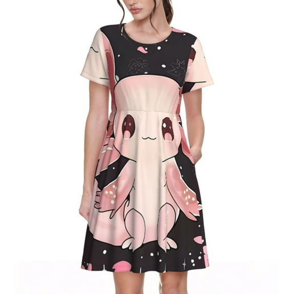 Xecao Cute Axolotl Sakura Blossoms for Women Summer Short Sleeve Midi Dress with Pockets Casual Aline Flowy Tshirt Dress Vocation Beach Sundress