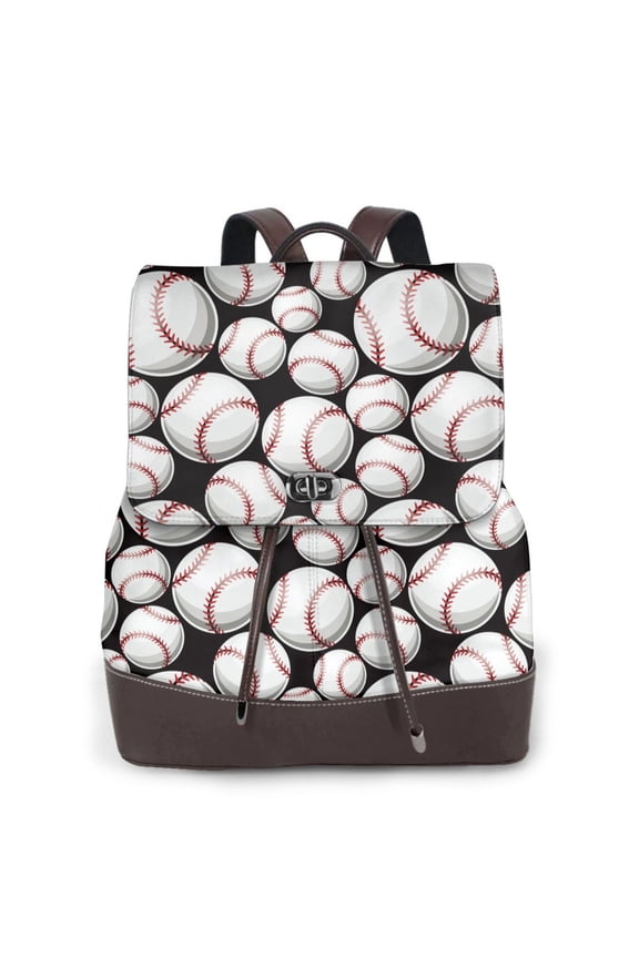Cute Baseball Print Large Backpack Soft Leather for Women Travel with Compartment, Adjustable Convertible Strap