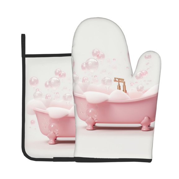 Xecao Cute Bathtub Pattern Oven Mitts and Pot Holders Sets Heat Resistant Silicone Oven Mittens Extra Thicken Long Kitchen Cotton Oven Glove for Cooking