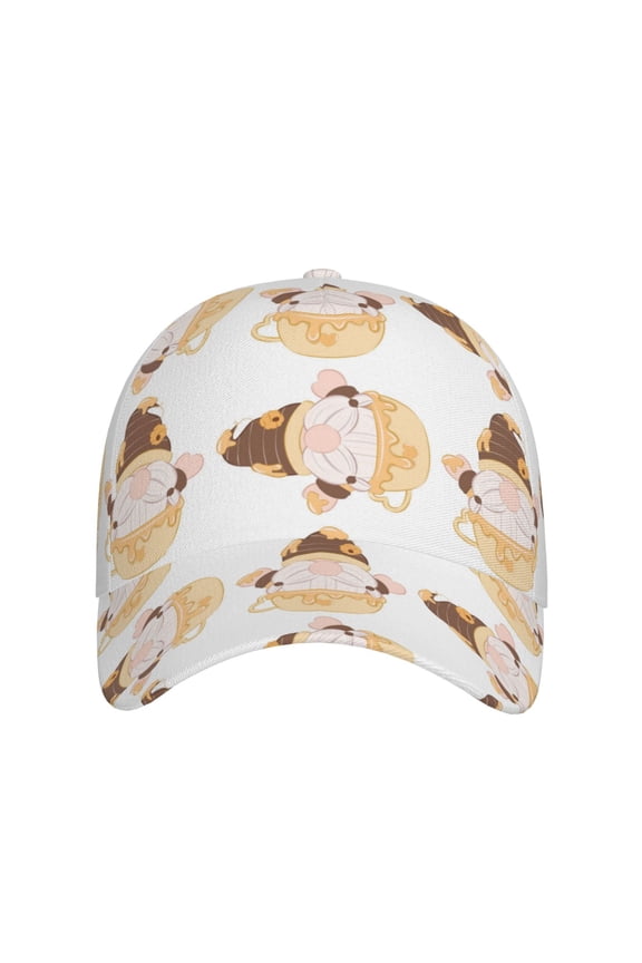 Cute Bee Gnome for Baseball Cap: Unisex, crafted from classic polyester twill fabric, featuring a soft unconstructed design