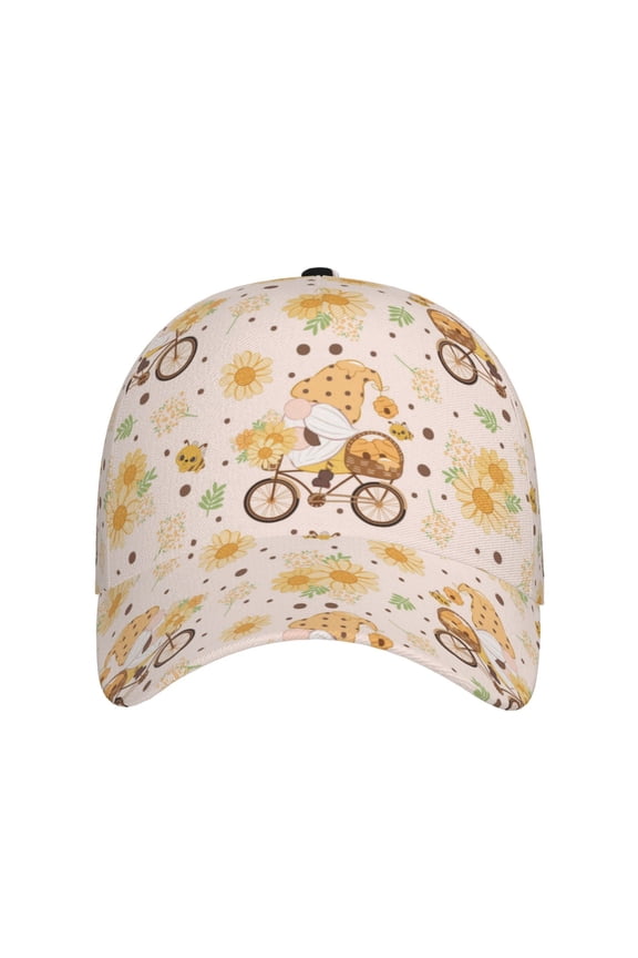 Cute Bee Gnome for Baseball Cap: Unisex, crafted from classic polyester twill fabric, featuring a soft unconstructed design