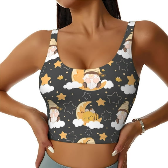 Xecao Cute Bee Gnome for Sports Bra with Removable Pads, Crop Tank Top Design, Women's Longline Sports Bra - Non-Wired - Small