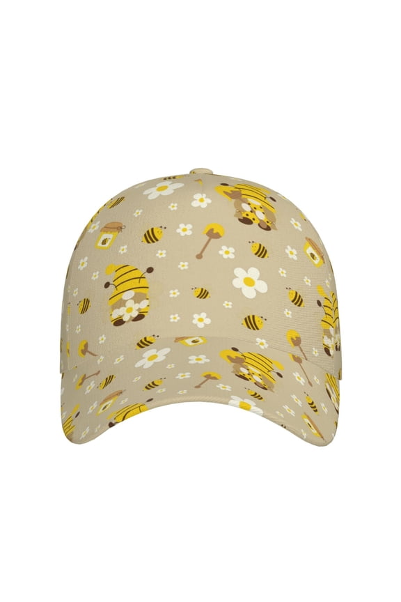 Cute Bee Gnomes for Baseball Cap: Unisex, crafted from classic polyester twill fabric, featuring a soft unconstructed design