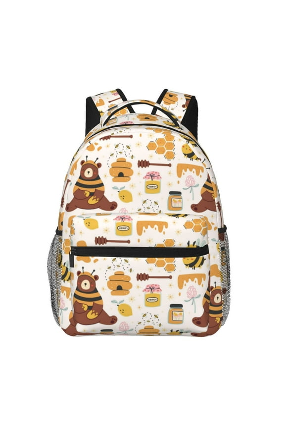Cute Bee Honey Jar Hive Bear Backpack, a stylish and functional choice for both men and women, is the perfect basic bookbag for college, work, or travel