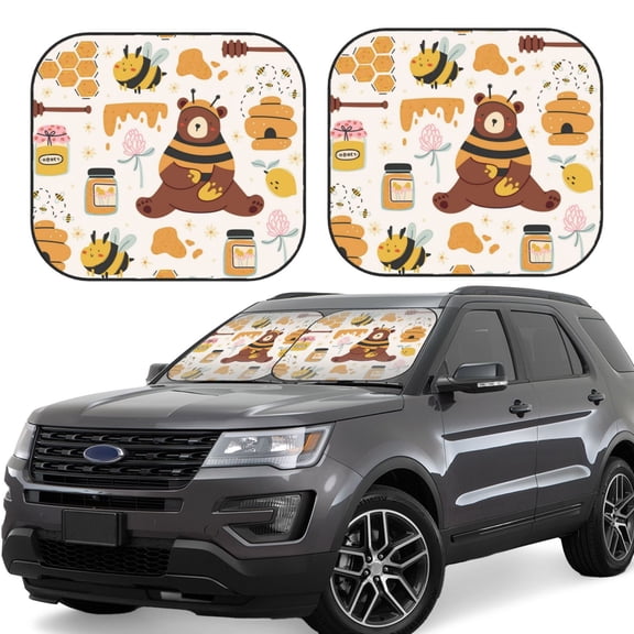 Xecao Cute Bee Honey Jar Hive Bear for Foldable Car Sun Shades (2-Pack) offer sun protection with an easy-fold design for convenient windshield shading.