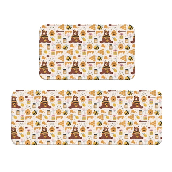 Xecao Cute Bee Honey Jar Hive Bear Patten Kitchen Rugs and Mats Sets,2 Pieces Non-Slip Washable Rugs, Kitchen Mat for Floor,Suit for Kitchen Decor and Accessories