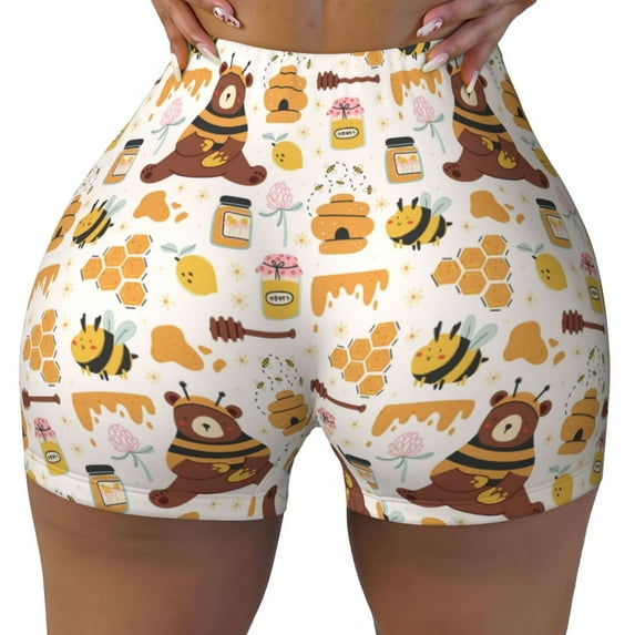 Xecao Cute Bee Honey Jar Hive Bear Print Workout Shorts for Women Soft Smooth Gym Yoga Scrunch Active Tennis Workout Running Shorts