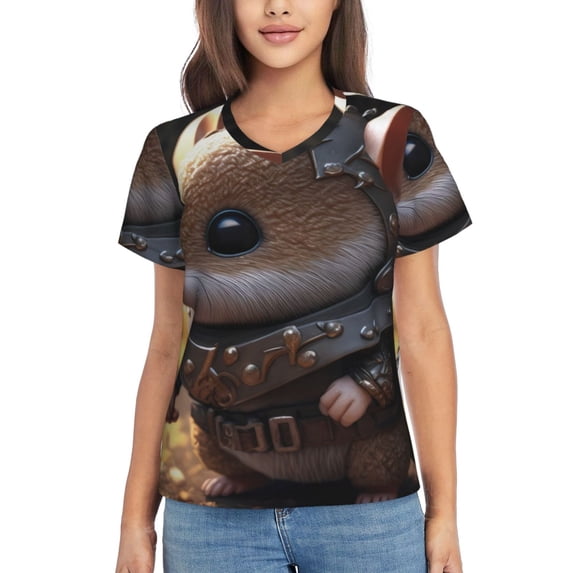 Xecao Cute Big-Eared Mouse for Women's V-Neck T-Shirts-Elegant Half-Sleeve Tops Perfect for Summer-X-Large