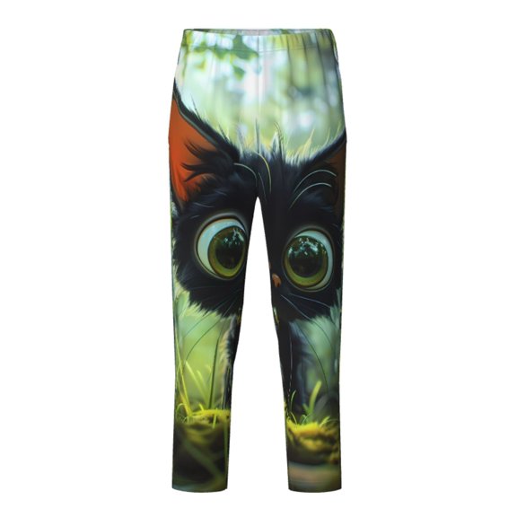 Xecao Cute Big-Eyed Black Cat Print Teenagers' Pajama Pants Long Sleep Pants Soft Elastic Waist Pajama Bottoms Elastic waist with 2 Pockets 5-16 Years-Large