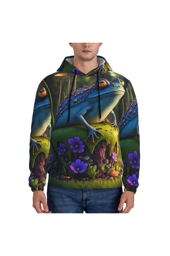 Cute Blue Frog Pattern Men's Adult Pullover Hoodie,Hooded Sweatshirt-X-Large