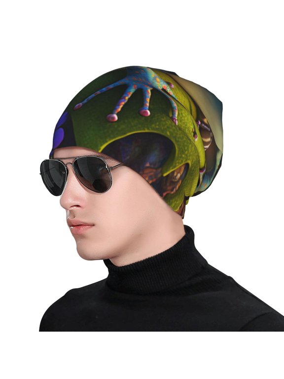 Cute Blue Frog Print Beanie Knitted Hat for Men Women, Winter Fashion Knit Cuffed Caps Unisex