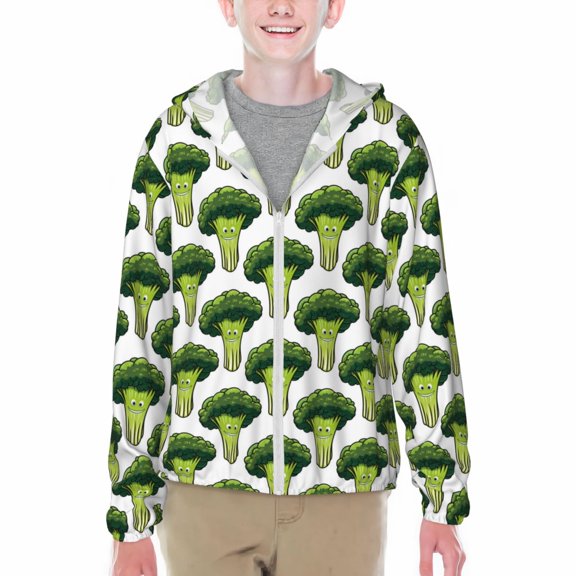 Xecao Cute Broccoli Print Fishing Shirts for teenager Long Sleeve UV Sun Protection Hoodie with Zipper Outdoor Hiking Shirts-Large