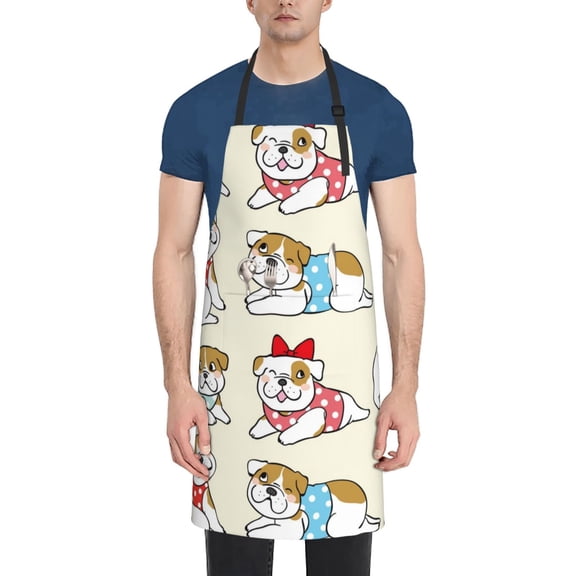Xecao Cute Bull Dog Print Kitchen Cooking Aprons, Waterproof Adjustable Bib Aprons with 2 Pockets for Women Men Chef