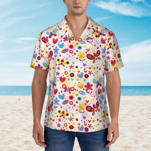 Xecao Cute Butterfly Flowers print Hawaiian shirt - a stylish short-sleeve button-down for men, perfect for casual beach and tropical outings.