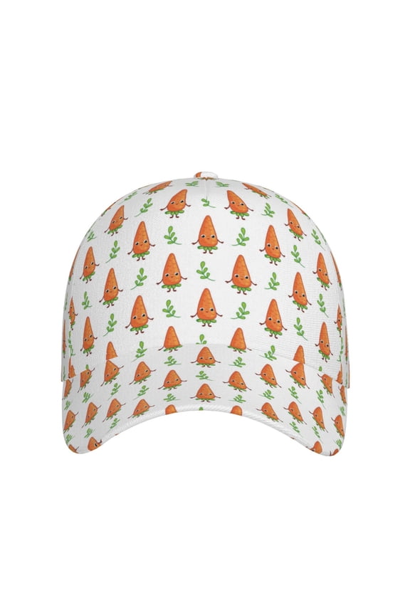 Cute Carrot Print for Baseball Cap: Unisex, crafted from classic polyester twill fabric, featuring a soft unconstructed design