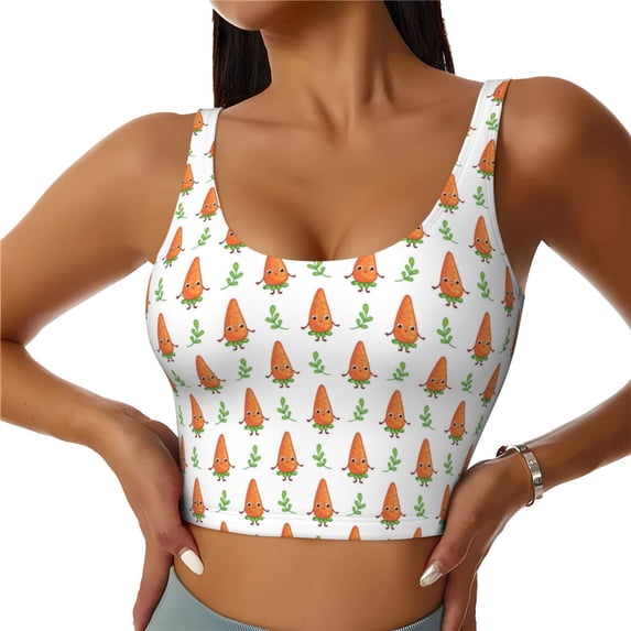 Xecao Cute Carrot Print for Sports Bra with Removable Pads, Crop Tank Top Design, Women's Longline Sports Bra - Non-Wired - X-Large