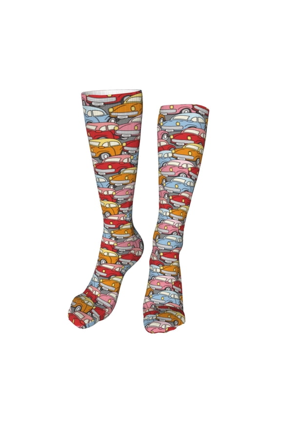 Cute Cars Print Calf Socks Seamless Toe, Knee High Long Socks, Sports Socks Trouser Socks for Women and Men-One Size