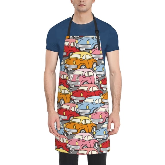 Xecao Cute Cars Print Kitchen Cooking Aprons, Waterproof Adjustable Bib Aprons with 2 Pockets for Women Men Chef