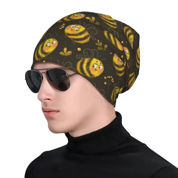 Xecao Cute Cartoon Bees Print Beanie Knitted Hat for Men Women, Winter Fashion Knit Cuffed Caps Unisex