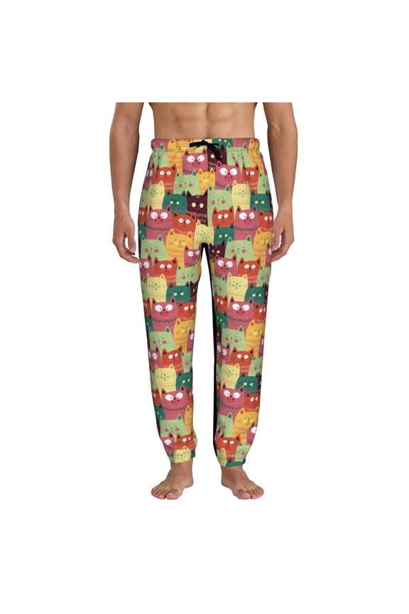 Cute Cartoon Cat Print Active Tech Joggers for Men, Mens Sweatpants Lounge Pants with Pockets-Large