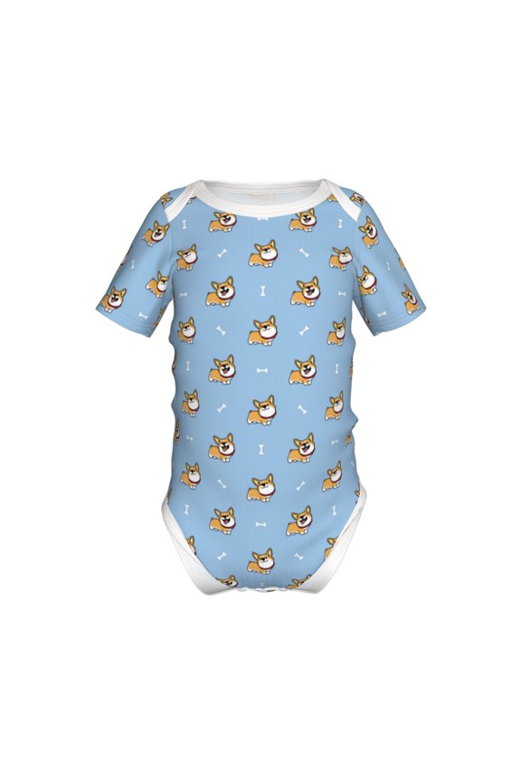 Cute Cartoon Corgi Pattern Baby Climbing Bodysuit Short Sleeve Onesie Unisex 0-12 Months Baby Shirt Newborn Outfits Crotch snap design-9M