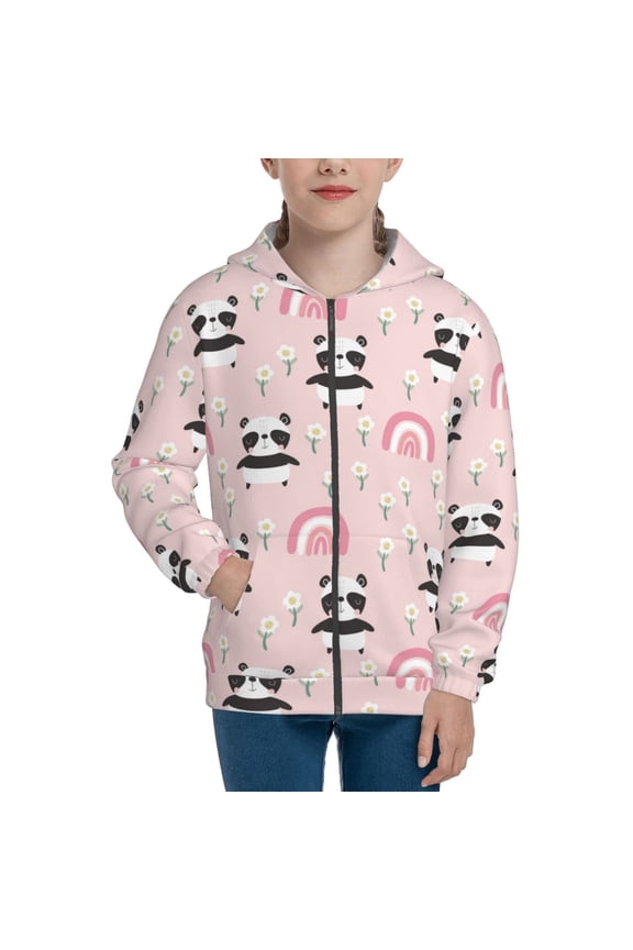 Cute Cartoon Panda Pattern Zip Up Hoodies for Boys Girls, Sweatshirt with Pockets-Medium