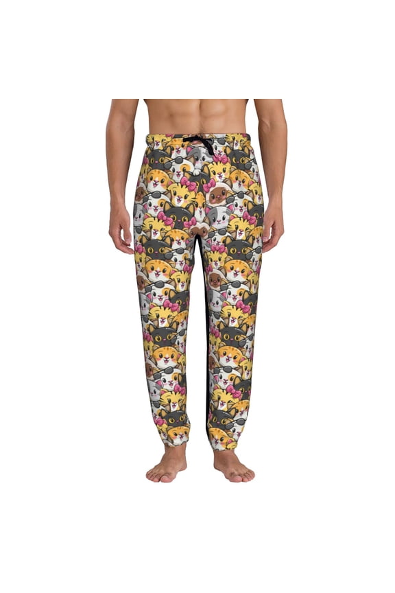 Cute Cat Cartoon Print Active Tech Joggers for Men, Mens Sweatpants Lounge Pants with Pockets-3X-Large