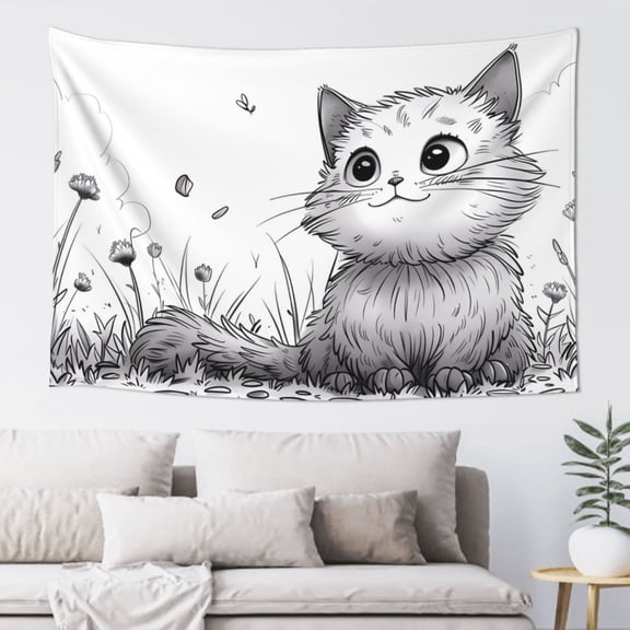 Xecao Cute Cat Meadow Sketch Print Tapestry, Wall Hanging Room Funny Decor, Backdrop Room Decor for Bedroom Living Room dormitory