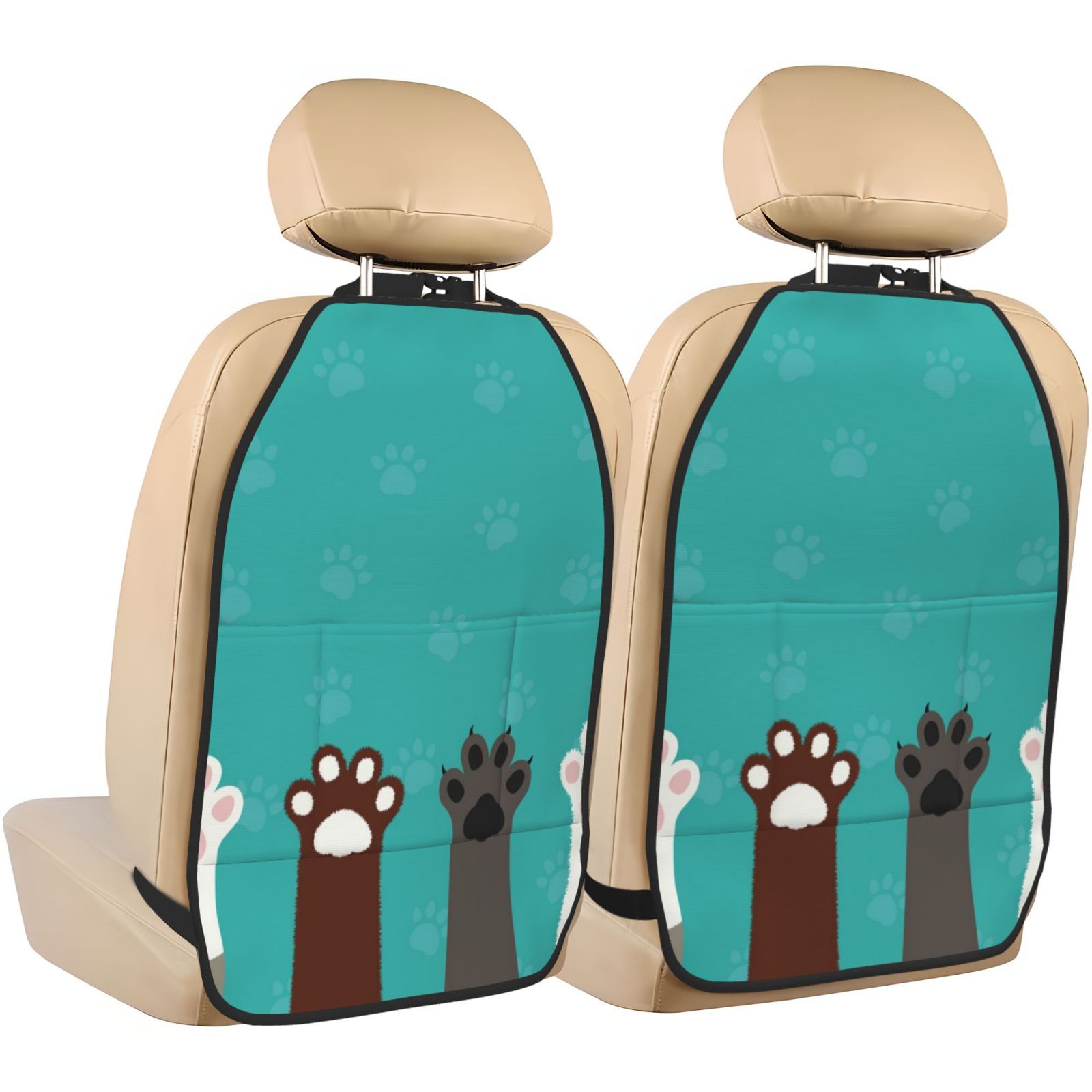 Xecao Cute Cat Paw And Dog Pattern Car Seat Back Protector 2 Pack Large Capacity Pocket, Kick Mats Back Seat Protector