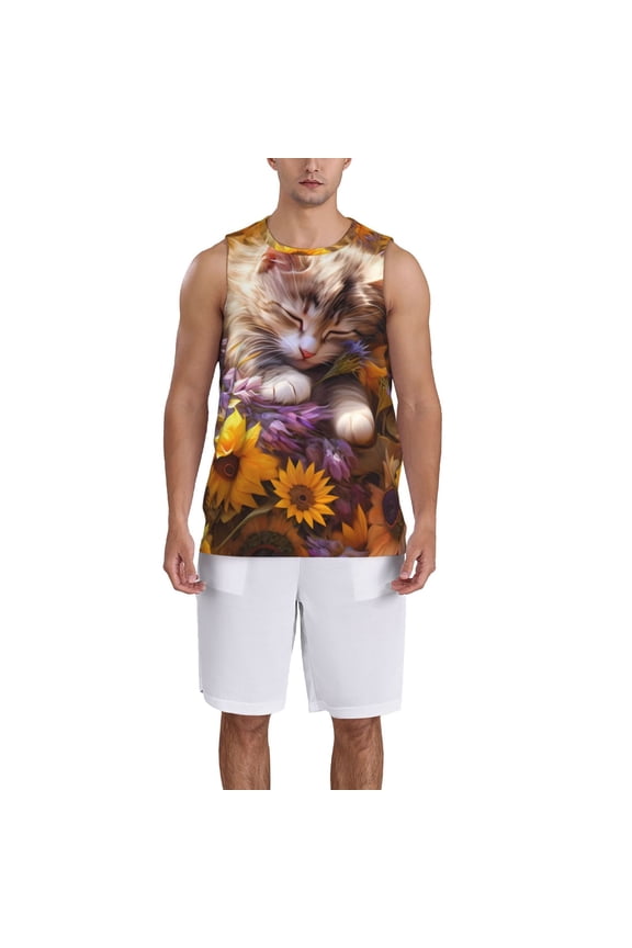 Cute Cat Sunflower print basketball shirt for both men and women, a unisex basketball jersey perfect for theme parties-Small
