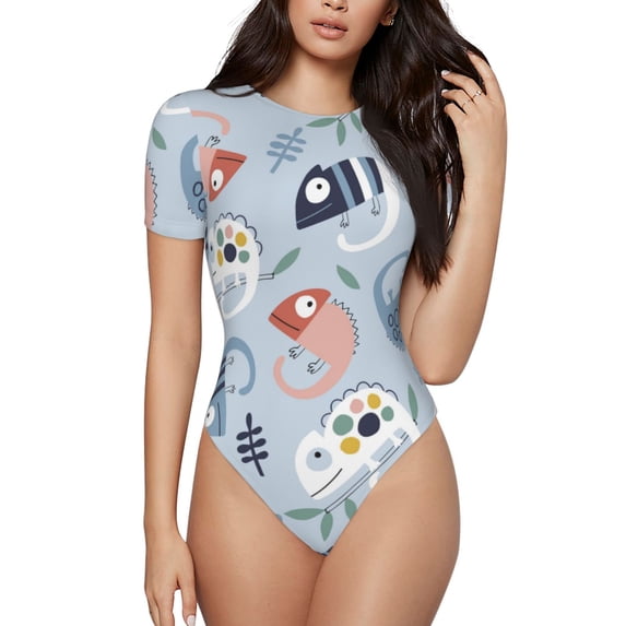 The Xecao Cute Chameleons On Blue Women's Crew Neck Body Suit, a short-sleeved bodysuit and basic swimsuit, both comfort and style for dating and daily life