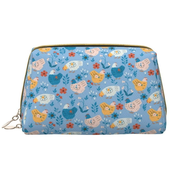 Xecao Cute Chickens and Flowers Print Fashion Makeup PVC Bag Large Capacity Travel Cosmetic Bag for Women Organizer Toiletry Clutch