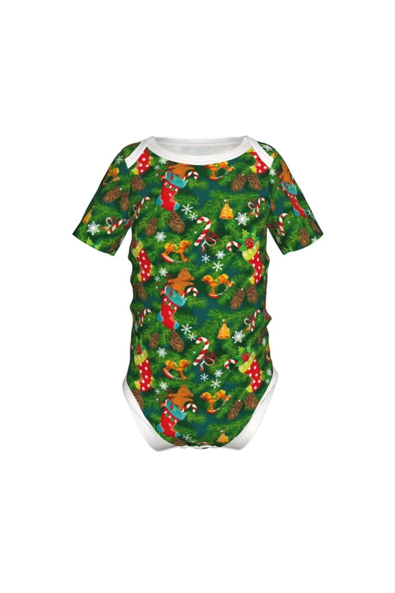 Cute Christmas Stocking Bear Pattern Baby Climbing Bodysuit Short Sleeve Onesie Unisex 0-12 Months Baby Shirt Newborn Outfits Crotch snap design-2 Years