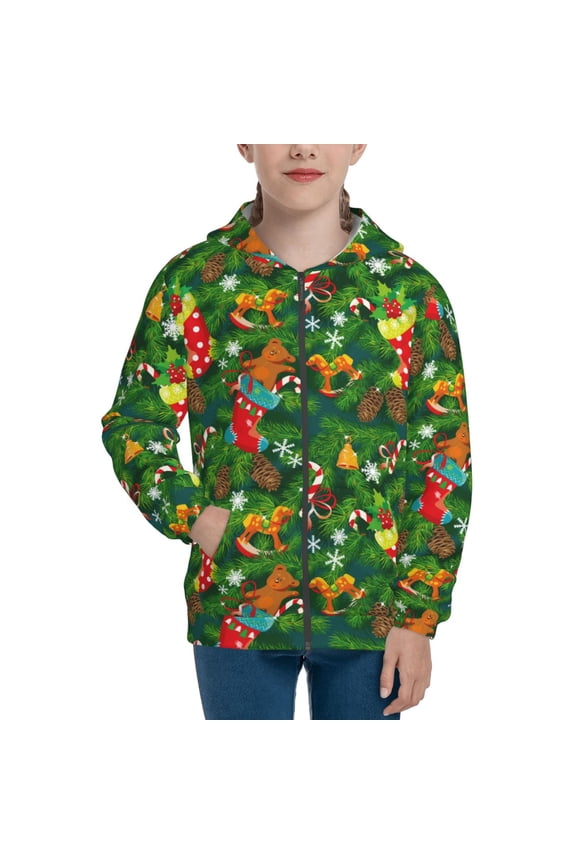 Cute Christmas Stocking Bear Pattern Zip Up Hoodies for Boys Girls, Sweatshirt with Pockets-