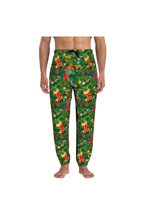 Cute Christmas Stocking Bear Print Active Tech Joggers for Men, Mens Sweatpants Lounge Pants with Pockets-Medium